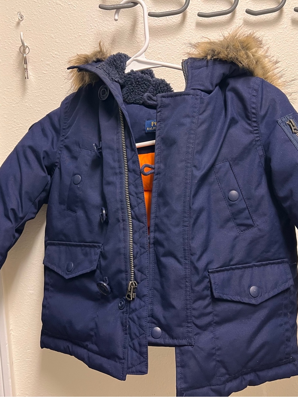 Ralph Lauren Kids Navy Hooded Puffer Coat with Faux-Fur Trim